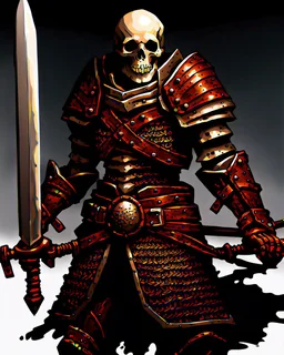 tabletop RPG skeleton warrior with sword and shield and rusted chainmail rpg art no background