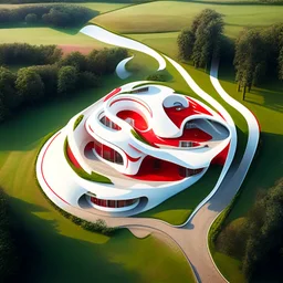 Vista aérea conjunto de casas campestres estilo Zaha Hadid obra de arte detallada color blanco crema y rojo imperial arte digital impactante hiperrealista 8k