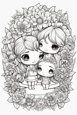 create a outlined coloring page of a chibi cartoon characters of a couple surrounded by flowers. Pay attention to the details of the faces and flowers and the emotions conveyed by the couple. White background, sketch style, half of body, use outline, Mandala style, clean line art, no shadows, no coloring, no shading, no grey.