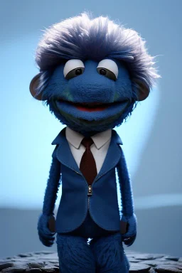 Waist up muppet Portrait, Vladimir Putin as muppet doll, Black suit, photo studio, blue background, unreal engine 5, concept art, art station, god lights, ray tracing, RTX, lumen lighting, ultra detail, volumetric lighting, 3d.