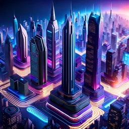 Design a captivating isometric futuristic cityscape with NFT metaverse aesthetics, featuring sleek skyscrapers, advanced technology, and vibrant landscapes that showcase a dynamic and immersive virtual environment.