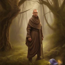 brown robed monk in the forest