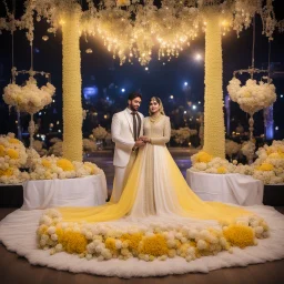 Hyper Realistic Beautiful Traditional Pakistani Couple on Valima Stage decorated with different Yellow & White flowers & neon wedding lights at Night