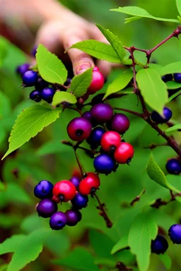 A person picking berries from a bush in a forested area in Alberta during the summer season. Suddenly they notice a plant with large, colorful berries and realize that it's deadly nightshade. They quickly back away and call for help.