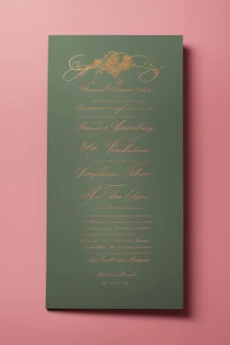 An extremely formal, funeral program written in French for a black woman on salmon pink deeply pigmented velvet paper with brilliant, brightest heavy golden greenish calligraphy fonts, simple, minimalistic, less element, very dramatic lighting