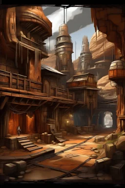 Underground Space Western Town, Wild West, Sci fi, Tin, Sandstone, Gold, Old and Rusted, Hyperdetailed, Maximalist, Bustling, Browns greys and oranges.