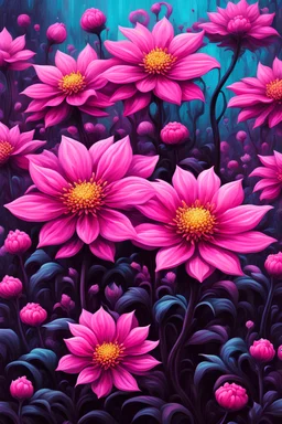 vibrant psychedelic oil painting image, airbrush, 64k, cartoon art image of background pink and black dahia flowers, dystopian