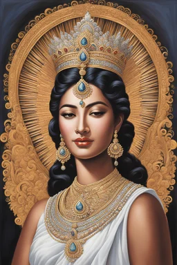 An enchanting portrait of Ken Dedes, inspired by the divine grace and elegance of the Prajna Paramitha statue. The artwork captures Ken Dedes' captivating gaze with a sense of timeless allure. Ken Dedes is depicted with regal poise and celestial beauty, evoking the charisma of the legendary Queen of the Singasari Kingdom. The artist's meticulous attention to detail breathes life into this mesmerizing masterpiece, illuminating the historical figure's majestic presence. With delicate brushwork