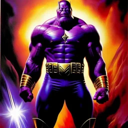 portrait oil on canvas, Thanos ,comic book cover, mystical colors,insanely detailed,realistic,intrincate detail, 16k resolution, masterpiece,Frank Frazetta,Alex Horley, Simon Bisley