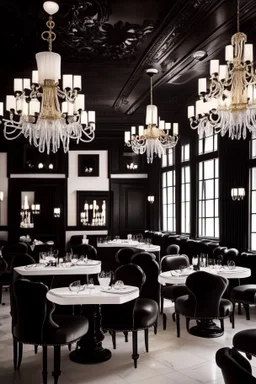 "Shoot a Neo-classic style restaurant with black, white, and residential-colored tables and chairs, along with chandeliers for lighting."