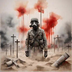 by Dariusz Zawadzki, "No Man's Land The countless white crosses stand mute in the sand, To man's blind indifference to his fellow man" moody World War I memorial composition. Watercolor and ink painting, dynamic composition, double exposure solder with antique WW I gas mask with fiery text "1914" on helmet, dramatic red sky, dramatic, dynamic composition