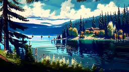 Couer D Alene lake drawn in rpg painterly art style