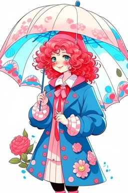 kind sailor, red curly hair, long jacket, pink-azure clothes, pink-azure cocked hat, white floral pattern on the jacket, flower in the hair. Pink and blue umbrella.