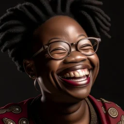 photography of a 34 years old african woman Lina,Lina wear eyeglass,very big lips,laughing