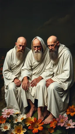 Bosch painting style, a 3 mentally ill men wearing dirty white robe sitting on the flower