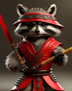 raccoon as a samurai, realistic, 2 katanas, in China, red straw Hat