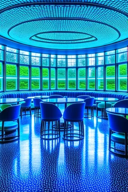 A restaurant whose outer walls are oval in shape, the color of the inside is blue, and its floor is light with a bar table in the middle of the restaurant in the shape of an oval containing 30 chairs and the walls are made of glass