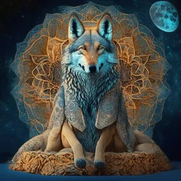 celestial psychedelic wolf made of fractals wearing a mexican jacket sitting on a giant mushroom in between stars, extatic, happy