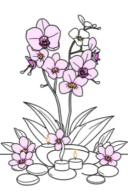outline art for visually rich appealing tall ikebana heart orchids plumeria spa rounded stones around candles, coloring page for kids, white background, fit to page, only use outline, clean line art, no shadows, clear and well outlined