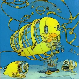 mix between the disney captain nemo submarine and the beatle yellow submarine by disney in a seabed imagined by winsor mccay