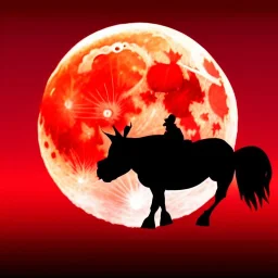 red samurai riding a red rhino, full moon, transparent background