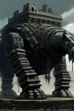 Could you create a painting that uses the style of shadow of the colossus to make a colossal pitbull beast