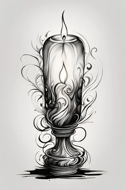 A realistic drawing in negative space black ink on white background of a beautiful candle lamp with abstract brushstrokes design baroque