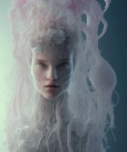 machine cover art arms plastic bag skin multiple studio lighting future bass girl unwrapped statue bust curls of hair petite lush front side view body unfolds photography mode curly jellyfish lips art contrast vibrant futuristic fabric skin jellyfish material metal veins style of jonathan zawada, thisset colours simple background objective