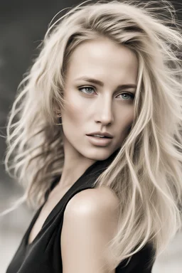 blond woman full face with wind blown hair