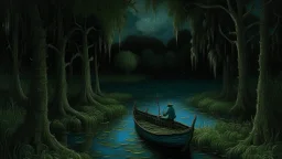 *Midnight by a black pond surrounded by weeping willows. At the center, a tiny island with a single bald cypress. An oarless rowboat drifts. No moon, but blue fireflies light everything. Early Flemish painting style (Jan van Eyck, but only blues and greens).*