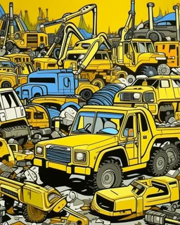 A light orange colored junkyard filled with construction vehicles painted by Roy Lichtenstein