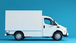 side profile of a white generic medium commercial truck with cube box, blue background, pixxar