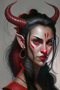 Portrait of a young and beautiful female Tiefling bard with red skin, two horns emerging from her forehead and long black hair with sidebangs and a ponytail.