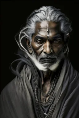 a photo of an Hindu man with ethnic jewelry, grey hair and grey flowing robe, in style of Annie Leibovitz, contemporary portrait of a mature yet beautiful and modernist man, black and grey, detailed masculine face, swirling fluid smokey enigma, award-winning artwork