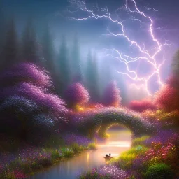 flowery landscape with a beautiful fairy, soft pastel colors, soft lightning