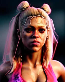 portrait, Shakira, blonde artist, angry, Realistic image, MMA robe, hoodie, mouthguard, nose, band aid, loose long hair, eyes make up, perfect, glow, circle iris. Rain, fog, Neon colors, leds. Dark background, photo studio, neon lights. concept art, smooth, unreal engine 5, god lights, ray tracing, RTX, lumen lighting, ultra detail, volumetric lighting, 3d, finely drawn, high definition, 4k.