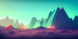 3d rendering. Abstract futuristic neon background. Fantastic landscape with glowing geometric triangular frame and mountains