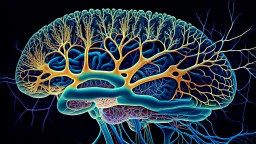 "The image represents microscopic details of the human brain, displaying intricate nerve structures and neural transmissions. The picturesque image reflects the complexity and beauty of neural structures in the brain, indicating recent advancements in the field of neuroscience and the significant discoveries it represents."