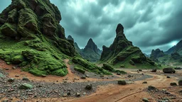 HDR digital photograph on a weird alien planet. You are currently in an area of green rock/gravel peaks. It is intermittently threatening to rain. Nearby you notice an anomalous phenomenon.You are currently in an area of green rock/gravel peaks. It is intermittently threatening to rain. Nearby you notice an anomalous phenomenon... it's a casual photo.