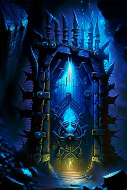 Glowing spiked iron entrance to a scary scifi blue mine at night steampunk rpg painterly art