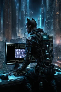 cyberpunk programmer black_Cat-human hybrid_Typing_on_computer_background binary codes, surrounded_by_mindent_3D_binary matrix codes and neutron mesh_etheral, Paranoid_sci-fi_in background_a_tall_cyberpunk_city, the cat hacker watchings monitor, Hyperrealistic texture, high detail, Sinister, cold dynamic lighting, dark-neon colors, Ultra_HD_intense_focus