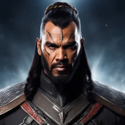 Generate an awe-inspiring image of a fearsome Klingon warrior, with their imposing cranial ridges, intense gaze, and intricate braided hairstyle, ready to conquer the galaxy.