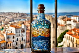 bottle art, ((stepwise colours mosaic texture)) on tall glass bottle painted, stunning , high detailed, sharp focus, in background a mediterrane landscape, old city, photorealistic Professional photography, bokeh, natural lighting, canon lens, shot on dslr 64 megapixels sharp focus