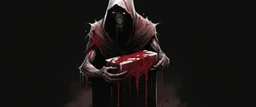 a faceless creature covered in blood holding up an empty black box