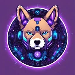 Simple draw of a circular logo of a Shiba Inu cartoon puppy with cybernetic modifications, purple fur, a blue LED on its forehead and electronic circuits around it. He has the muscular human body of Arnold Schwarzenegger with a winning attitude.
