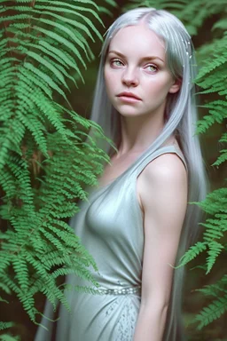 With a carefree abandon, Fiona sprawls amongst the ferns, her silvery hair fanning out around her like a halo of moonlight. Her cerulean eyes gleam with an otherworldly light, their pupils slightly dilated as they take in the ever-shifting colors of the hallucinatory world around her. Her cheeks bear a rosy flush, mirroring the warmth of her laughter and the forest's magic that courses through her veins. Her lips are curled into a perpetual smile, a testament to the joy that radiates from withi