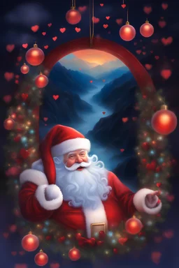 Christmas Themed -- Multicolored 3D Bubbles, multicolored, Floating 3D hearts with an electrical current, fog, clouds, somber, ghostly mountain peaks, a flowing river of volcanic Lava, fireflies, a close-up, portrait of Santa Claus smiling a big bright happy smile, wearing a red leather jacket, red leather pants, black boots, red baseball cap with the words MERRY CHRISTMAS on it, Ray-Ban Wayfarer sunglasses, in the art style of Boris Vallejo