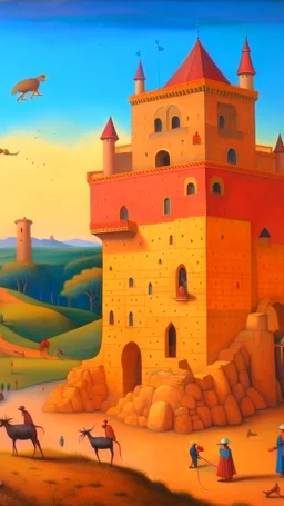 Hieronymus Bosch style , Morocco I’m the desert a big old castle high walls with towers