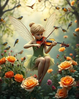 Gorgeous Photography Beautiful Tinkerbell playing violinist in Wild garden,flower,birds surrounding,fractal ornamentation, over detailed, gloriously full and confusing, nothing that really exists, everything made up, fantasy world, sweet briar, photography graphic art, song birds, ochre rose,rose buds, dewy morning, forest of oaks