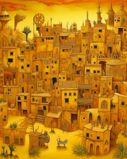 A yellowish orange colored town district with rock instruments designed in Navajo baskets painted by Max Ernst